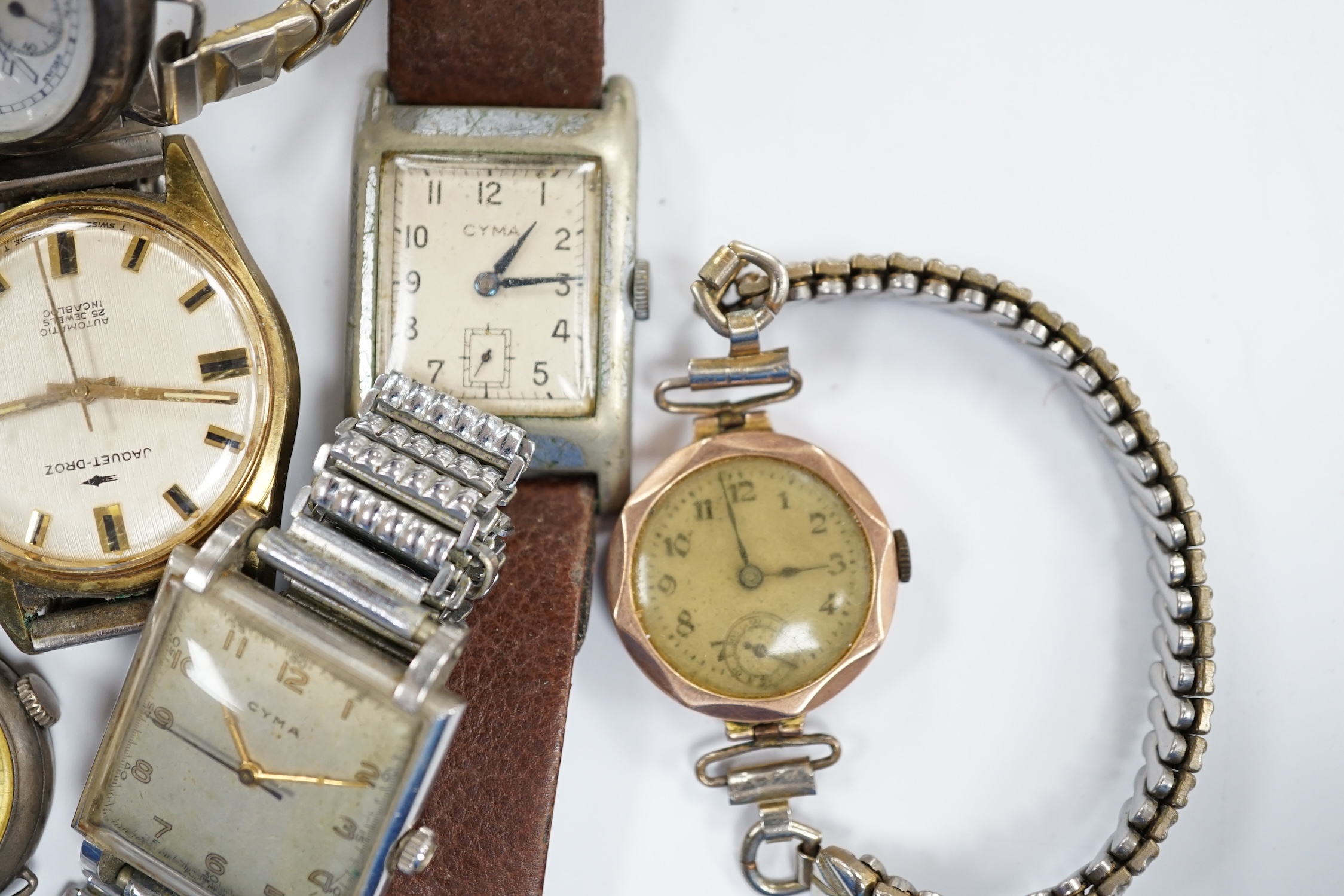 A group of assorted mainly steel wrist watches including three Cyma, a Roamer and modern Citizen Eco-Drive.